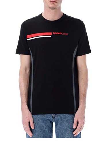 T-shirt da uomo della collezione ufficiale Ducati Racing. Base nera con bande laterali. Scritta Ducati Corse sul petto e scudetto stampato sul retro del colletto. Composizione: 100% cotone