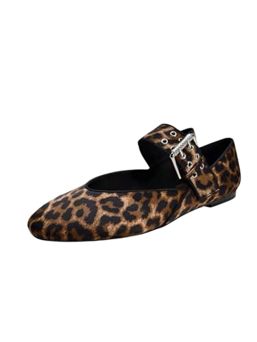 MakeMeChic Women's Ballet Mary Jane Flat Shoes Leopard Print Flats Closed Toe Slip On Flat Shoes