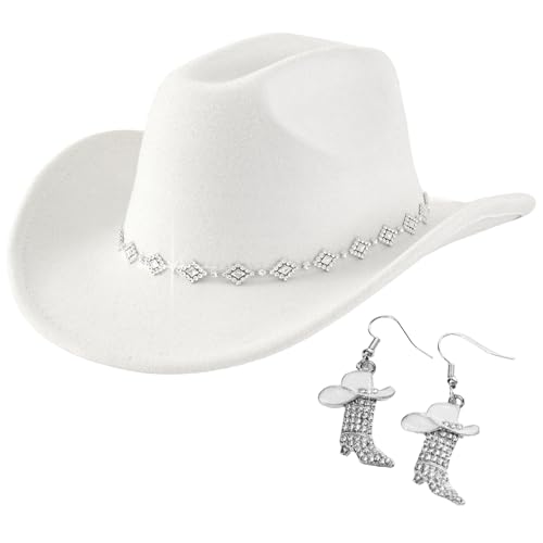 Cowboy Hats for Women with Boots Earrings - Western Cowgirl Hat Rhinestone Wide Brim Cow Girl Hat Rodeo Outfit for Women (White)
