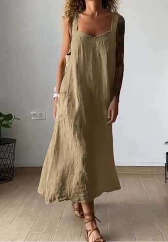 Image of chouyatou Women's Summer Spaghetti Strap Sleeveless Linen Overall Dress Casual A-Line Midi Long Beach Dress