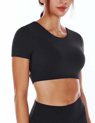 Open Back Workout Crop Tops for Women Backless Yoga Shirts Gym Short Sleeve Mild Support Compression Tee with Bra2