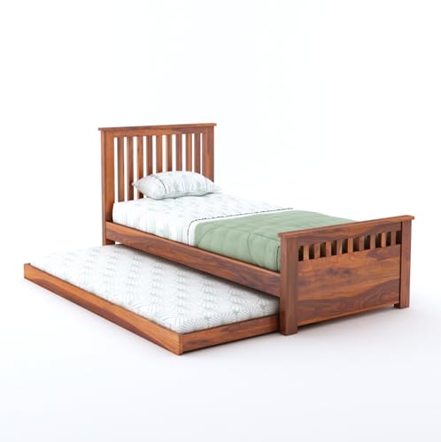 RJ ART Wooden Single Trundle Bed | Single Bed with 1 Extra Pullout Bed | Wooden Bed Cot Palang for Bedroom, Living Room & Home, Solid Sheesham Wood, Honey Finish