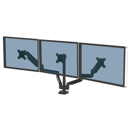 Image of Fellowes Platinum Series Triple Monitor Arm for 27-Inch Monitors, Full Motion, 360 Rotation, VESA Mount with Grommet or Clamp, USB Ports, Ergonomic, Black, 8042601