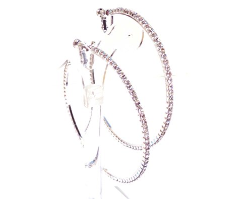 Clip-on Earrings Silver Tone Crystal Hoop Earrings 2.75 Inch Clip Hoop Earrings for Non Pierced Ears