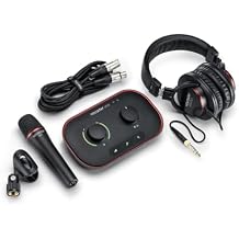 Focusrite Vocaster One Studio Podcasting Interface for Solo Podcast Recording with Professional Quality Vocaster DM1 Dynamic Microphone & HP60v Headphones. 1 Mic Input & Headphone Output