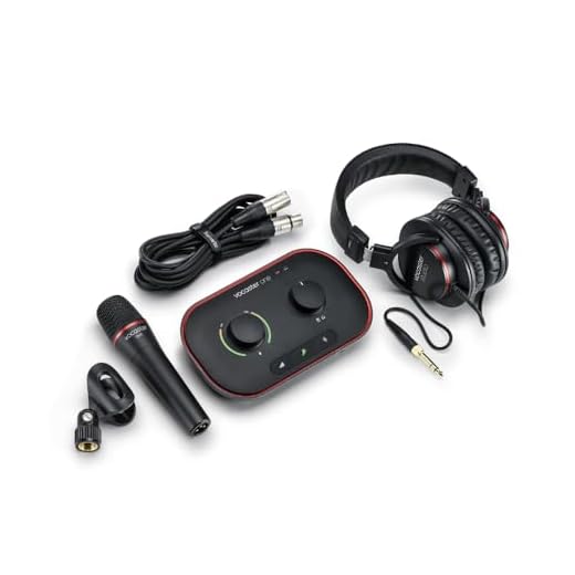 Focusrite Vocaster One Studio: interfaz de pódcast para grabar como un creador independiente, con micrófono Vocaster DM1 y auriculares HP60v estudio