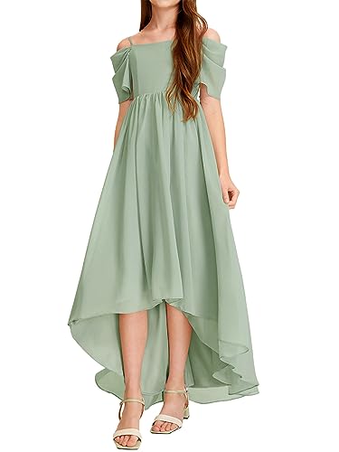 Haloumoning Girls Cold Shoulder Dress A-line Asymmetrical Chiffon Junior Bridesmaid Birthday Party Dress3