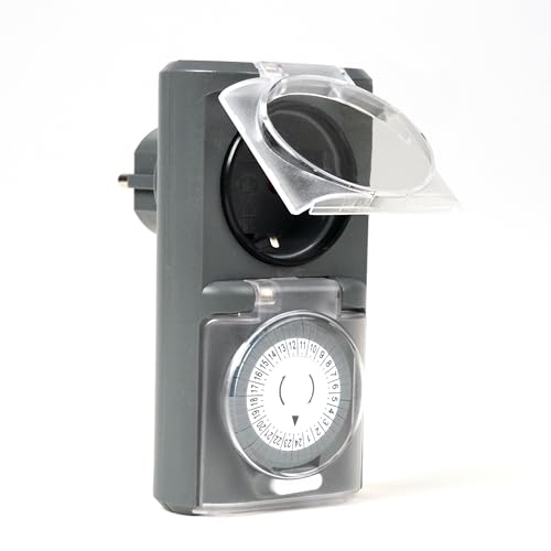 Menz Zeitschaltuhr Aussenbereich - Mechanische Zeitschaltuhr Steckdose außen, Grau 1er Set, Außen-Timer