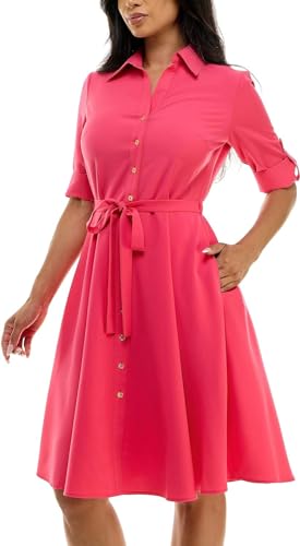 Image of Sharagano Women's Pleated Shirt Dress - 3 /4 Sleeve, V-Neck, Gold Buttons