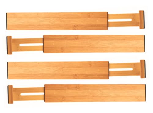 4-Pack Drawer Dividers – 100% Natural Bamboo Drawer Dividers – Sturdy & Durable, Tension-Loaded Spring Design for Easy Installation - Extendable & Adjustable Kitchen Drawer Organiser