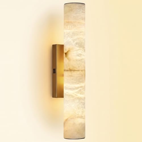 Image of 20 inch Alabaster Wall Sconce Hardwired, Spanish Natural Marble Sconces, Brass Bathroom Vanity Light, Dimmable Stone Wall Sconces Warm White, Linear Gold Alabaster Wall Light for Living Room Hallway, 1PC