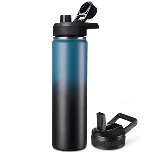 Image of Fijinhom 24 oz Insulated Water Bottle with Handle, 304 Stainless Steel Water Bottles with 2 Lids, Double Wall Vacuum Sports Water Cup with Straw, BPA Free, Keep Cold and Hot, Blue /Black
