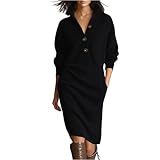 MJGkhiy Robe Femme Tricot Élégant Hiver Midi Robe Pull Laine Travaillé Bouton Col en V Robes Pulls avec Poches Curvy Casual Manches Longues Vêtements Pull, Noir , XXL