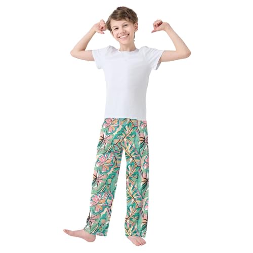 Watercolor Palm Leaf Boys Long Pants Soft Trousers Elastic Waist Kids Lounge Bottoms with Pockets S-XL2
