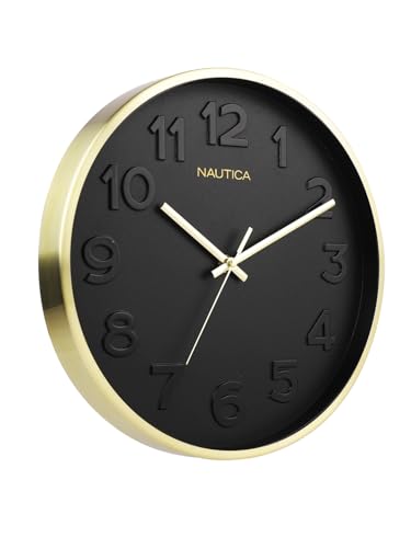 Image of Nautica Premium Metal Modern Wall Clock with Quartz Silent Sweep Technology -1pc Size (Real) | 12 inch | Ideal for Home, Living Room, Bedroom & Office - 3D dial-Black /Gold