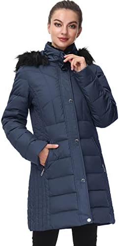 SLOW DOWN Women Winter Down Puffer Coat Warm Hooded Mid-Length Down Jacket for Women with Faux Fur Trim Hood and Pile Collar (Navy, S)