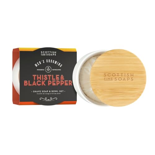 Scottish Fine Soaps Men's Grooming Thistle & Black Pepper Shave Soap & Bowl Set – Moisturising Shave Soap with Safflower Oil in Reusable Bowl