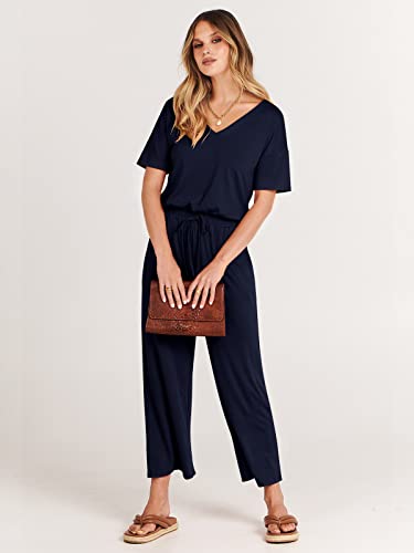 Anrabess Women Summer Casual Short Sleeve V Neck Elastic Waist Wide Leg Cropped Pants Jumpsuits Rompers With Pockets Blue X-Large thumb #5