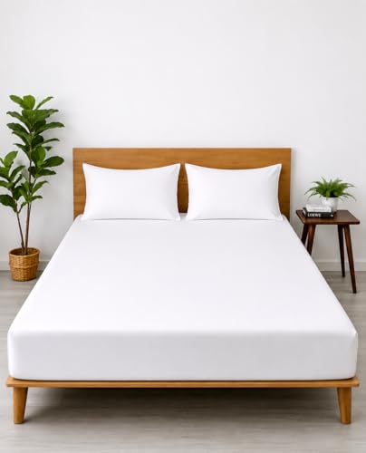 Image of Blue Strip Fitted Bedsheet Set with 2 Pillow Covers, White, 182 x 198 cm, 20 cm Deep, Elastic All Around, Double /Queen Bed /King Bed