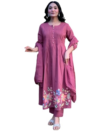 Image of GoSriKi Women's Rayon Viscose Embroidered Anarkali Kurta with Pant and Dupatta | Three Piece Ethnic Kurta Set for Women with Elegant Design