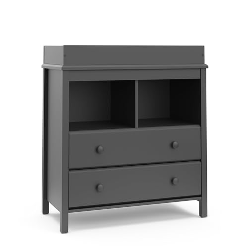 Image of Storkcraft Alpine 2 Drawer Changing Table Chest (Gray) - Attached Changing Table Topper Fits Any Standard-Size Baby Changing Pad, 2 Drawers, 2 Shelves for Extra Nursery Storage, Easy to Assemble
