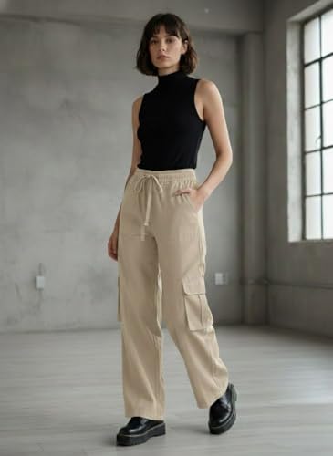 Image of SMOWKLY Women's Casual Cargo Pant| Baggy Fit Multi Pocket Streetwear Pants | High Waist Cargo Trousers | Stretchable Cotton Blend Utility Pants for Women |Office & Casual Wear