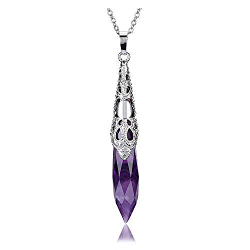 GEHECRST Natural Amethyst Dowsing Pendulum Necklace with Antique Silver Lace Pattern Reiki Healing Crystal Gemstone Point Pendant Spiritual Jewelry for Divination, Meditation, Witchcraft, Wicca
