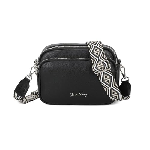 OLIVIA WONG Bolso bandolera mujer pequeño de cuero PU tres compartimentos y dos bandoleras, bolso mensajero para cruzar polipiel regalo original para mujer (Negro)