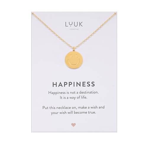 LUUK LIFESTYLE Collier en acier inoxydable avec pendentif smiley et carte cadeau HAPPINESS, porte-bonheur, bijou pour femmes, chaîne de l'amitié, or