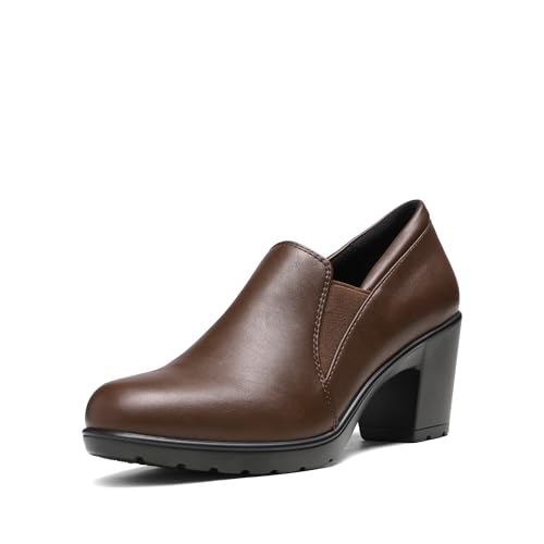 DREAM PAIRS Women's Low Chunky Block Heels Pumps Comfortable Slip-on Heeled Loafers Dress Work Shoes for Office Business LOLA,Size 8,Dark/Brown,DPU214