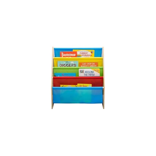 Image of Delta Children Sling Book Rack Bookshelf, 4-Tier Wooden Shelf with Soft Fabric Pockets, Ideal for Playroom, Living Room, Basement, or Bedroom