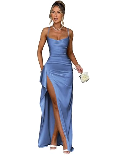 Women's Spaghetti Straps Prom Dresses 2025 Satin Pleated Mermaid Formal Evening Gowns with Slit