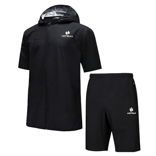 [HOTSUIT] 5倍発汗効率 半袖サウナスーツ メンズ/レディース サウナシャツ 汗ベタつき防止 防風 撥水加工 抗菌防臭 ヨガ ランニング フィットネス 自宅トレーニング用 サウナシャツ 上下セット (ブラック(メンズ), S)の商品画像（Amazon）