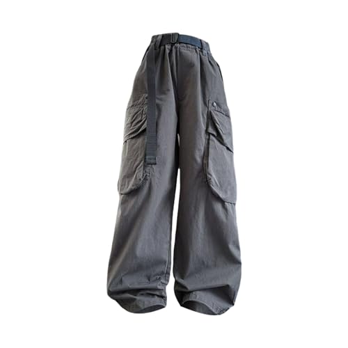 Girls Baggy Pants Casual Streetwear Cargo Trousers Solid Elastic Waist Wide Leg Washed Denim Pants with Pocket