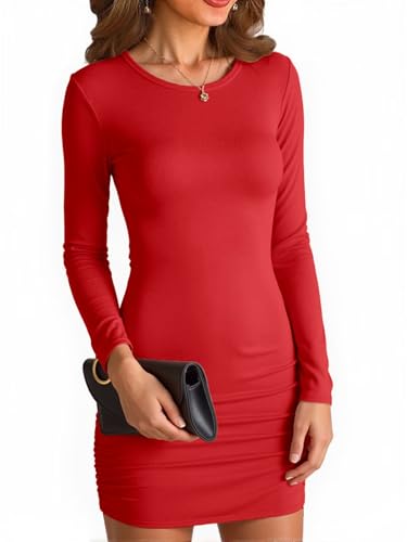 VICHYIE Klassisch Damenkleid Langarm Kurz Enges Minikleid Sexy Kleid Rundhalsausschnitt Kleid,Rot,XS