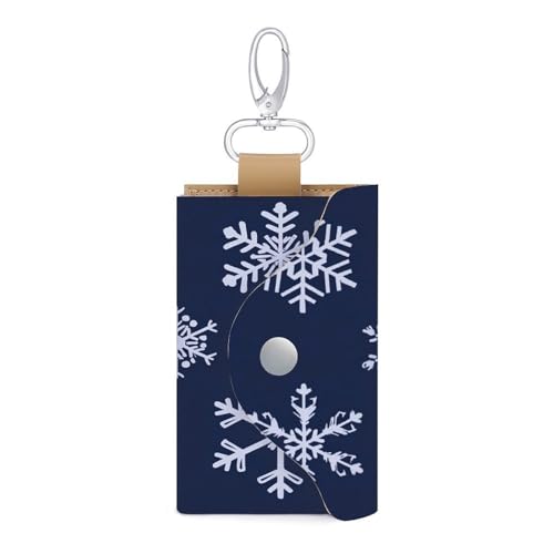Snowflakes Simple Minimalistic Navy Blue Key Holder Bag PU Leather ID Card Holder Keychains Case Cover for Men Women