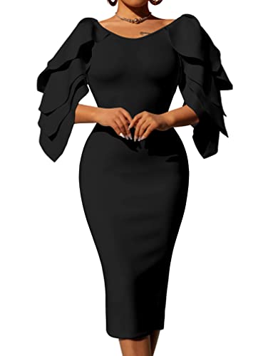 DAAWENXI Women's Elegant Ruffle Off The Shoulder Zipper Empire Midi Cocktail Dress Black