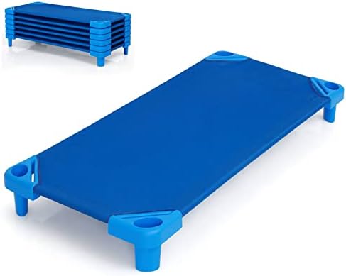 GYMAX Stackable Daycare Cot, Portable Toddler Bed with Easy Lift Corners, Kids Nap Cot for Preschool Classroom (6 Pack Blue Stackable Bed)