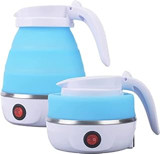Foldable Electric Kettle Travel Portable Coffee Tea Silicone Mini Electric Kettle for Boiling Tea Water Coffee Maker Insulation Heating Boiler Tea Pot for Camping Collapsible Kettle 0.6L (Blue)