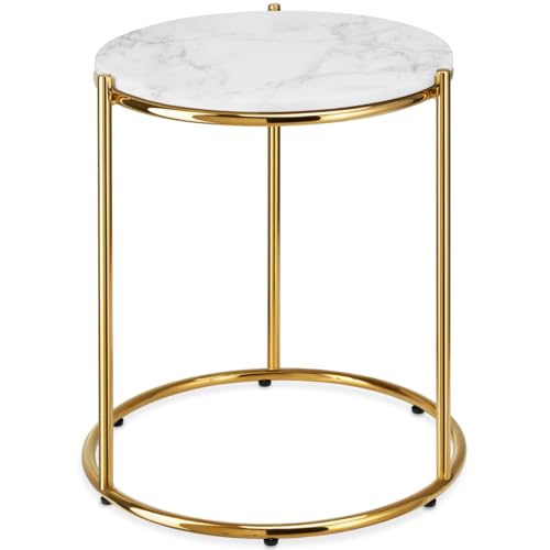 TecTake® Mesa Auxiliar Redonda, Mesita Centro Ovalada, Tapa de Mármol, Estructura Acero, Mesas Redondas Pequeñas, Mesita Auxiliar Comedor, Mesas Bajas, Decoración Mesa Salón - Blanco/Dorado