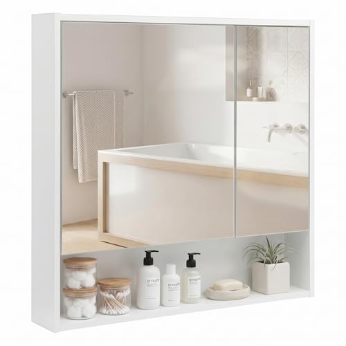 HollyHOME Spiegelschrank Bad mit Regal, Badezimmerschrank mit Doppelspiegeltür, Wandmontage, WC-Aufbewahrungsschrank, Weiß