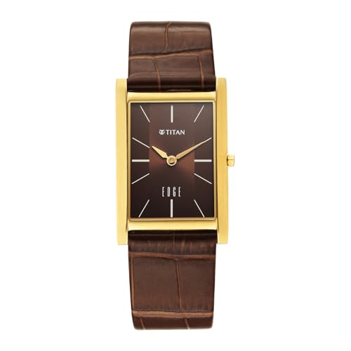 Image of EDGE Titan Monture Quartz Analog with Brown Dial Gold Leather Strap Watch for Men - 1043YL10