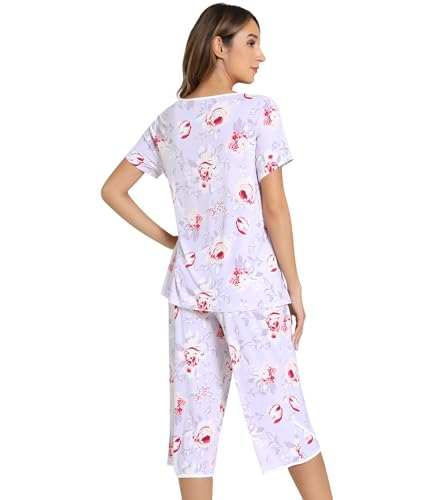 Image of NACHILA Bamboo Viscose Pajamas for Women Lace V Neck Capri Pants Pjs Set
