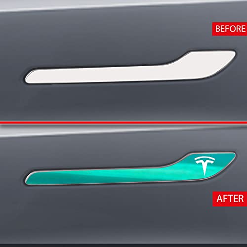 Image of IPG Compatible for Model 3 / Model Y /Juniper Door Handle Decal Sticker Wrap Kit (Set of 4) with Tesla Logo Personalize Your Tesla (Shiny Turquoise)
