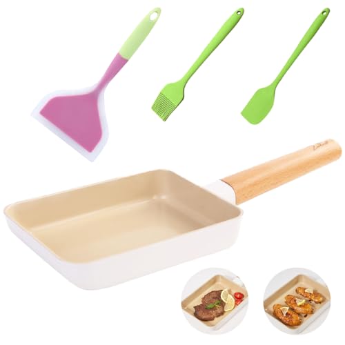 Lista de Sarten Serafin los mejores 5. 44 Sartén Tamagoyaki Sartén Cuadrada Cerámica para Tortilla de Huevo Juego de Pan Japonesa para Omelette Antiadherente con Espátula, Rascador de Silicona, Cepillo para Aceite 4pzs...