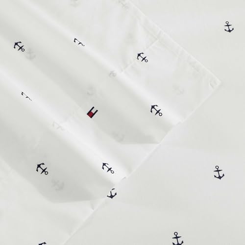 Image of Tommy Hilfiger - King Size Sheet Set, Soft Cotton Percale Bedding with Crisp Cooling Comfort, Deep Pocket Fitted Sheet with Matching Pillowcases, Americana Decor (Nautical Anchor Dark Blue)