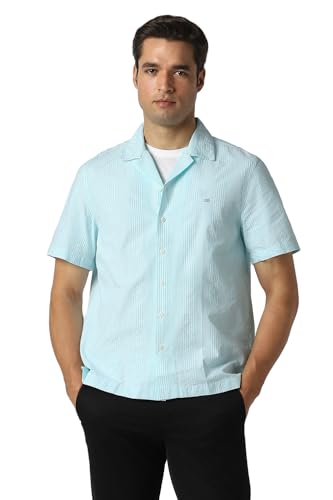 Image of Peter England Men's Casual Half Sleeve Resort Collar Shirt in 100% Cotton Seersucker with Striped Design