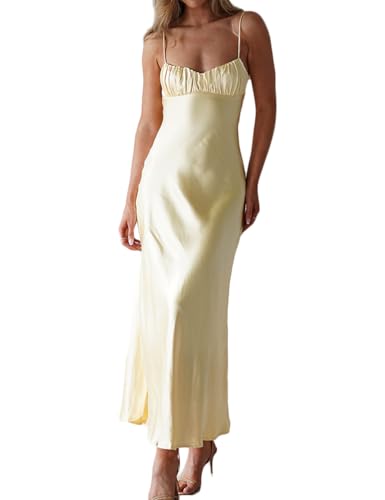 Satin Spaghetti Strap Backless Ruched Twist Cocktail Dresses for Women Silk Open Back Cut Out Midi Dress Wedding Guest Yellow