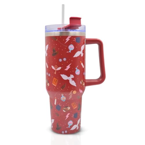 Harry Potter Insulated Stainless Steel Mug 1200ml with Handle & Straw, Hogwarts Icons Design, Double-Walled Travel Tumbler for Hot & Cold Beverages - Keeps Cold for 17Hrs or Hot for 5Hrs