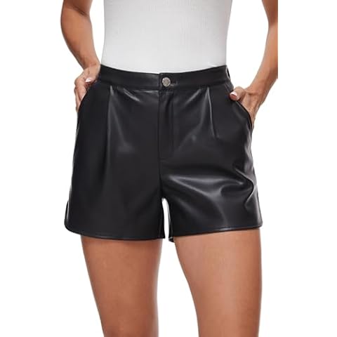 Fahsyee Black Faux Leather Shorts Women Pleather Wide Leg High Waist Round Casual Shorts with Pockets Plus Size S Cover